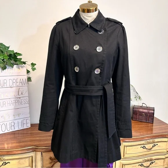 Express Black Denim Double-Breasted Belted Silver Button Trench Coat - Picture 6 of 16